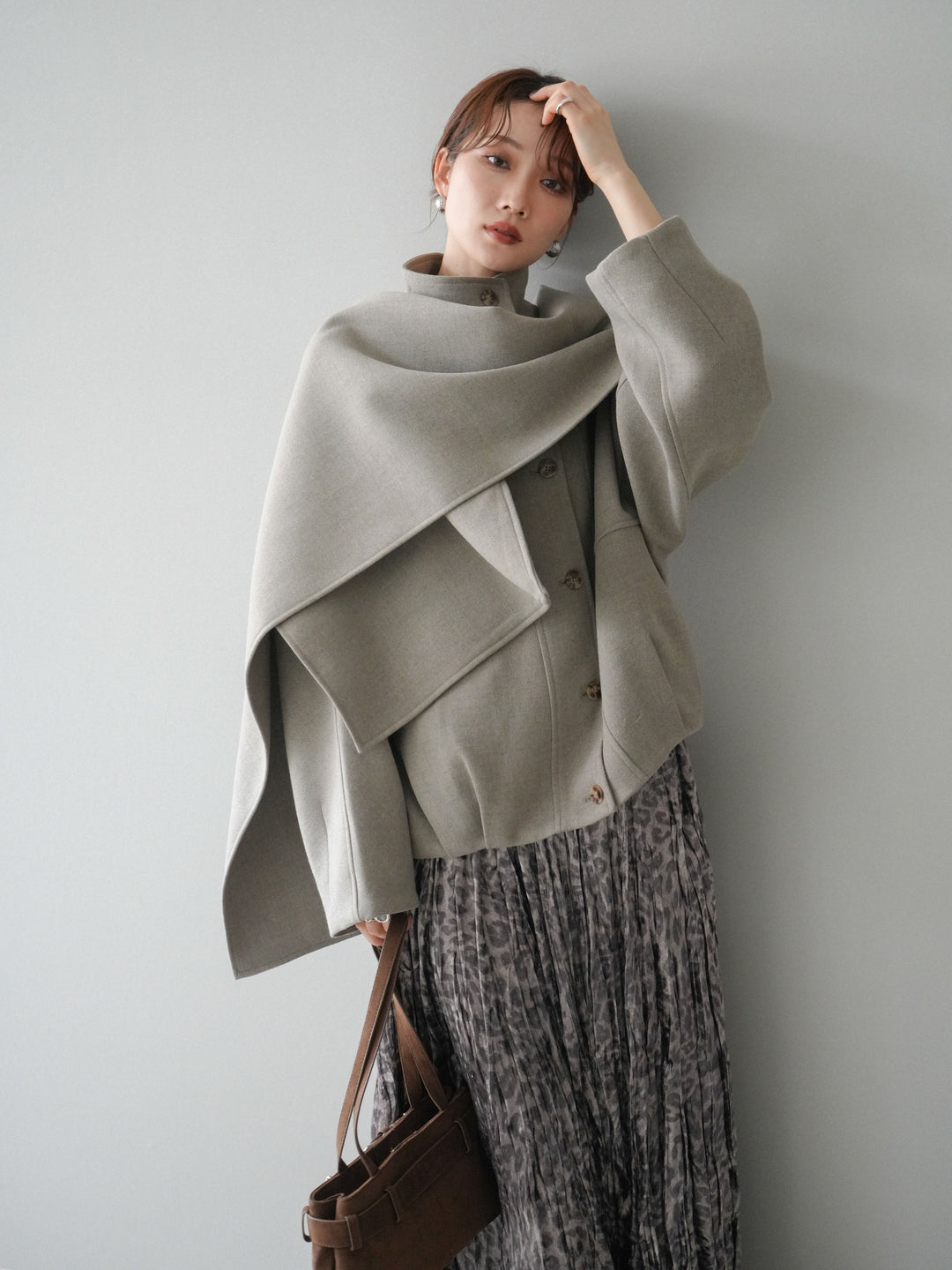 [予約]ストール付きミディアムコート/khaki