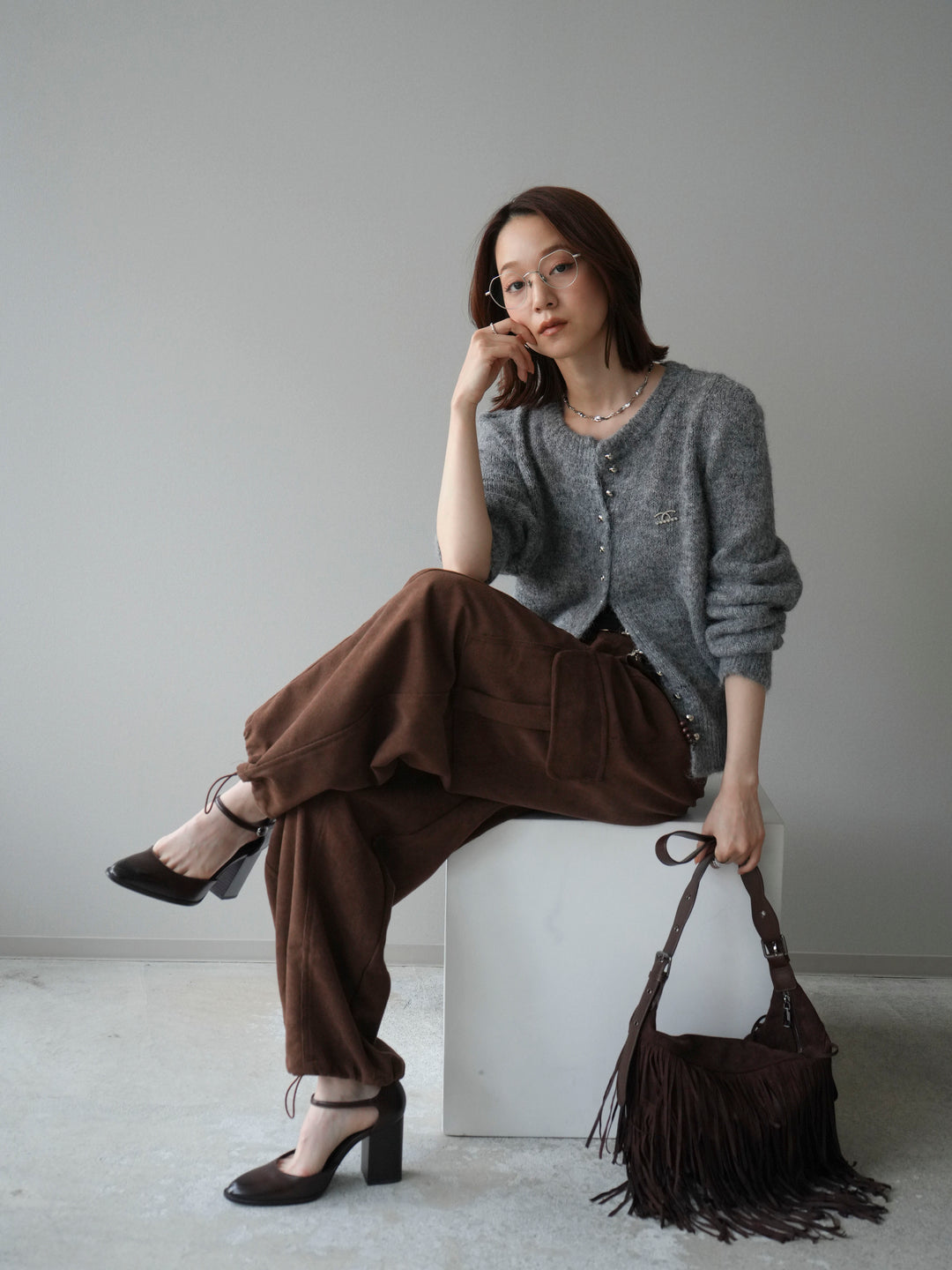 [SET]ブローチ付silverボタンミックスニットカーディガン+選べるアクセセット(2set)