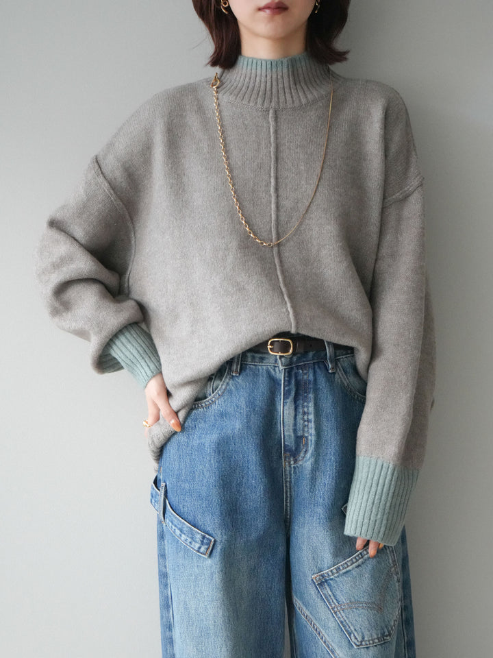 [SET]配色ハイネックニットプルオーバー+ペインターカーブデニムパンツ(2set)