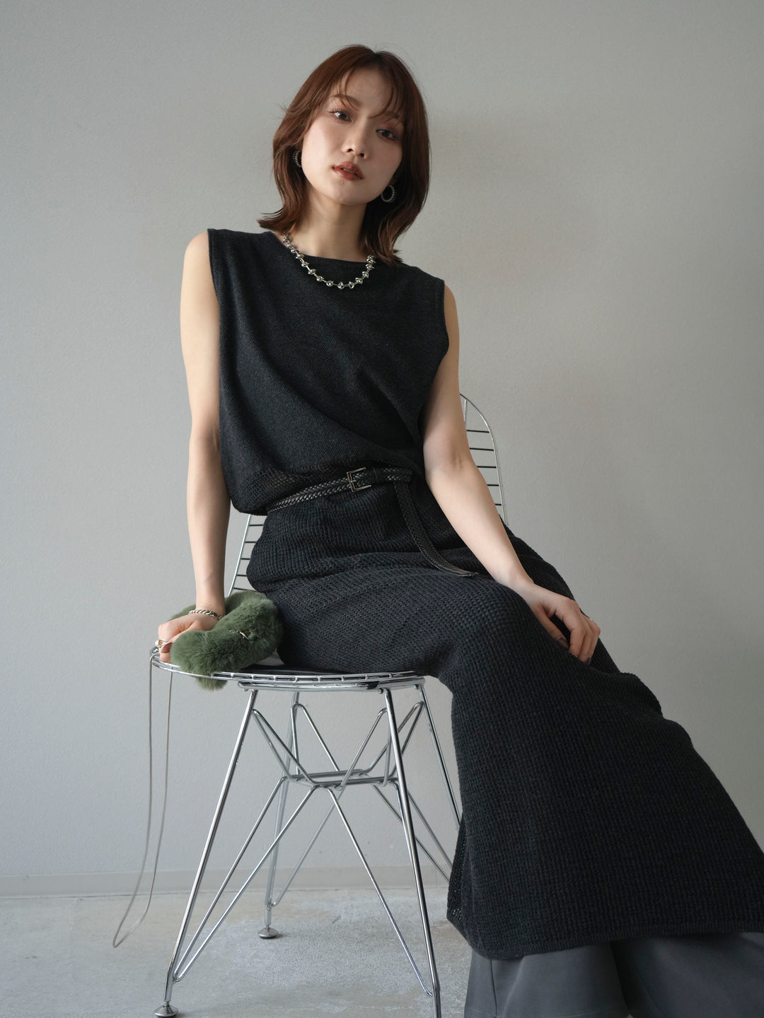 [予約]メッシュ切替ノースリーニットワンピース/darkgray