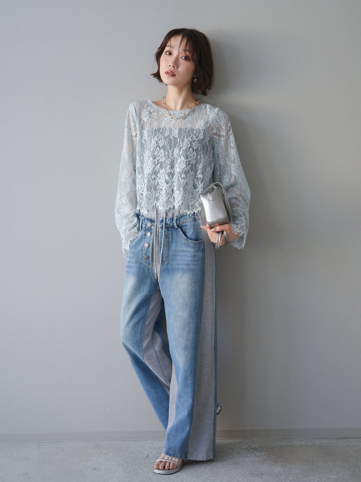 [SET]2WAYスリーブレーストップス+デニム切替スウェットパンツ(2set)