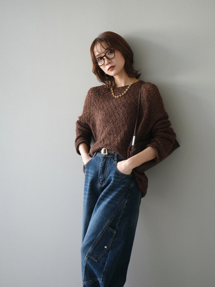 [予約]透かし編みモヘアタッチポコポコニットプルオーバー/brown