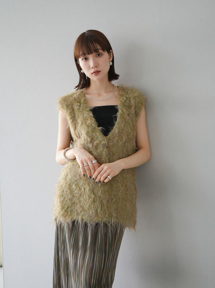 [予約]ウール混ミックスヤーンニットベスト/グリーン