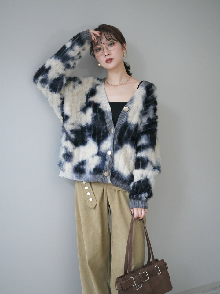 [SET]ニュアンス柄シャギーニットカーディガン+コーデュロイ巻きベルト付きパンツ(2set)