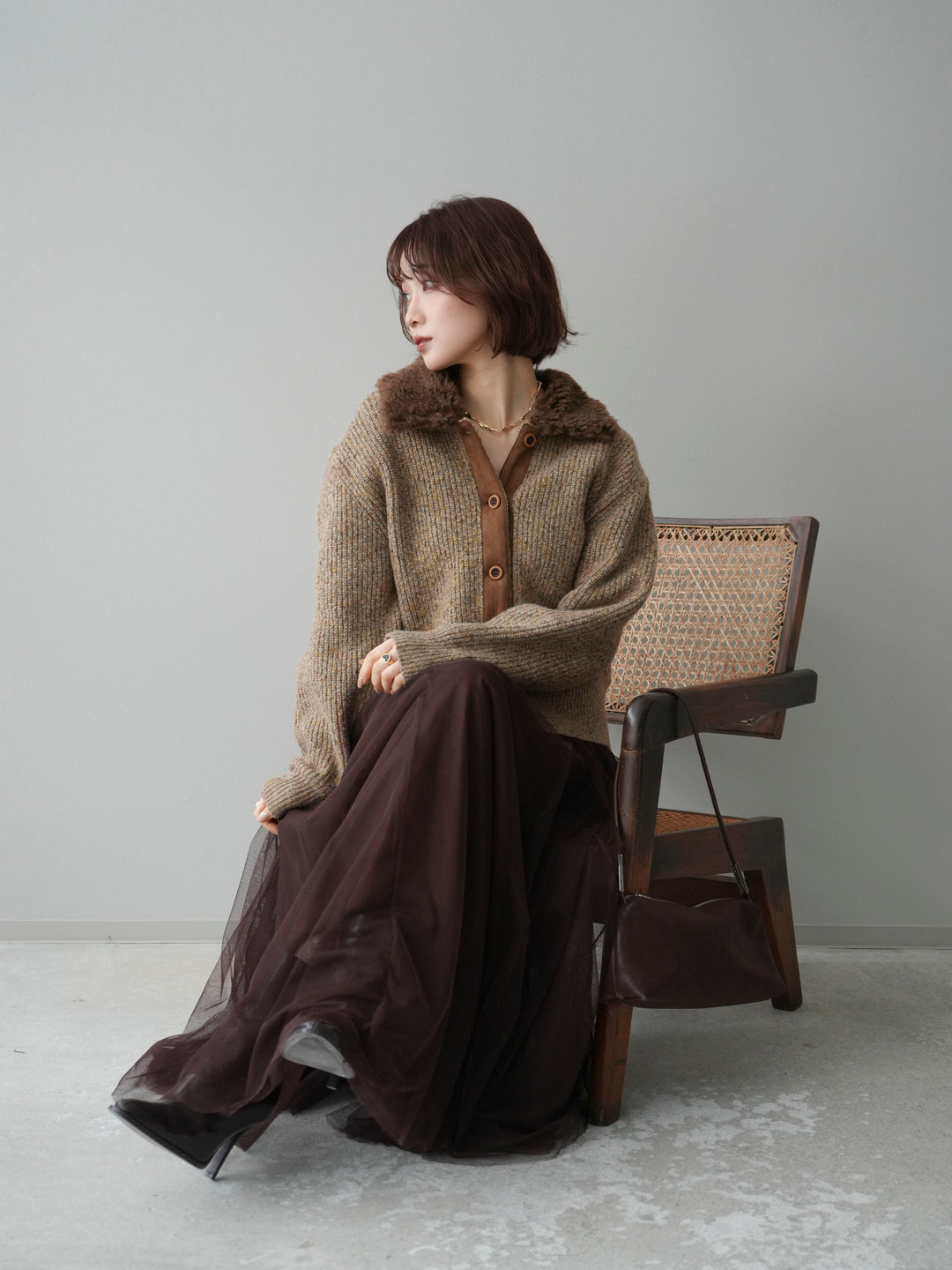 [予約]襟ボアミックスヤーンニットカーディガン/brown