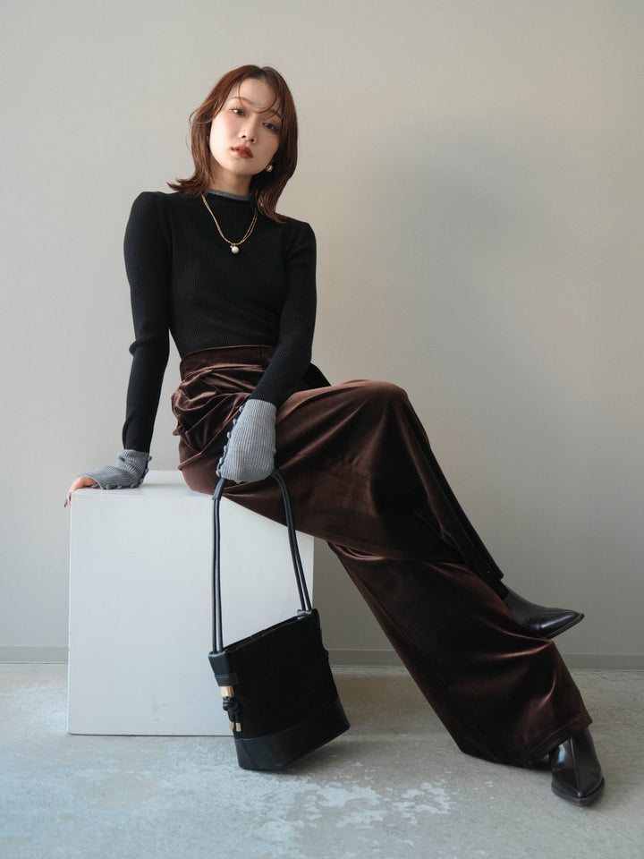 [予約]袖ボタンハイネック配色リブニットトップス/black