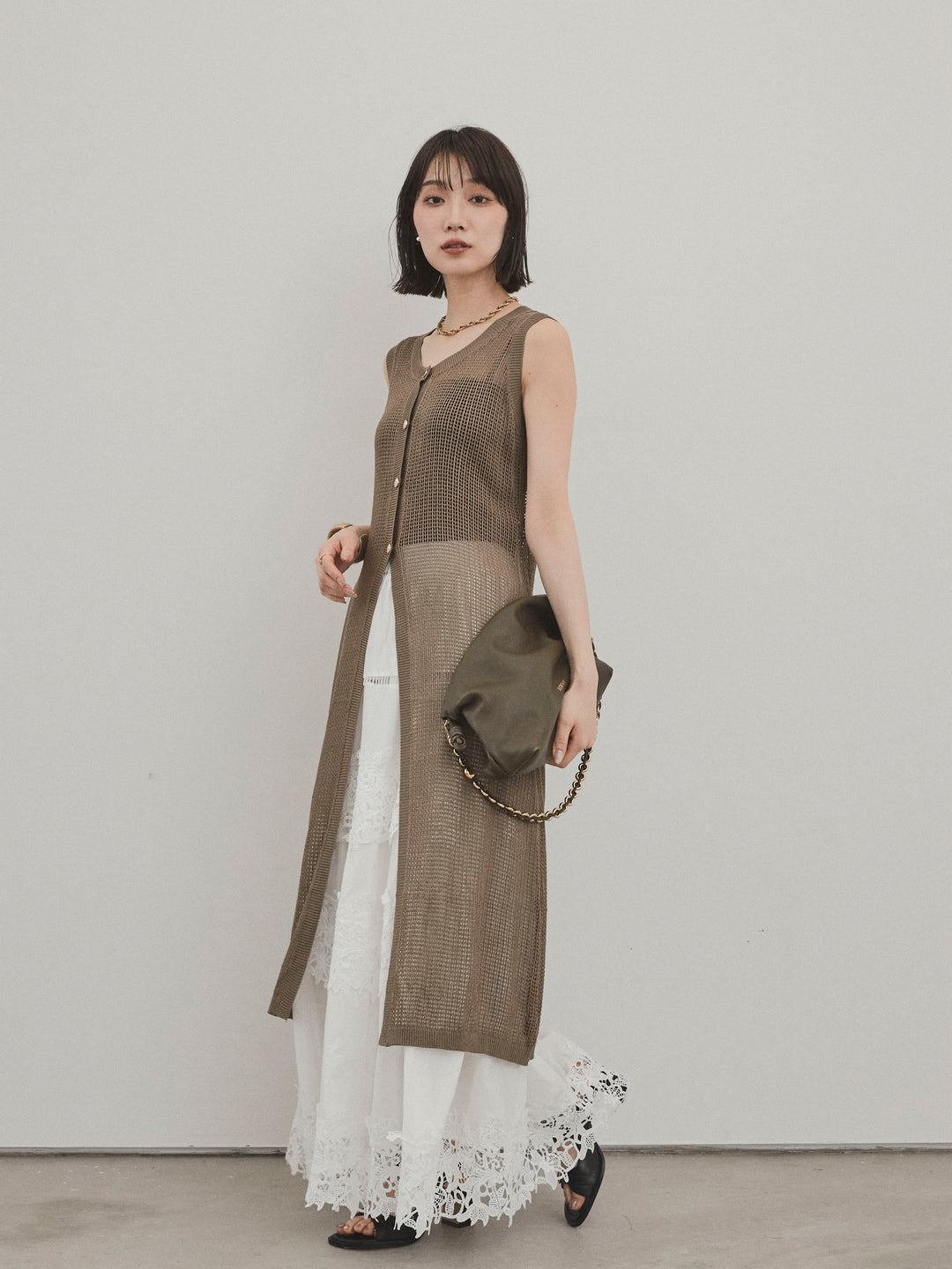 [SET]アソートボタンニットロングジレ+スカラップレースロングスカート(2set)