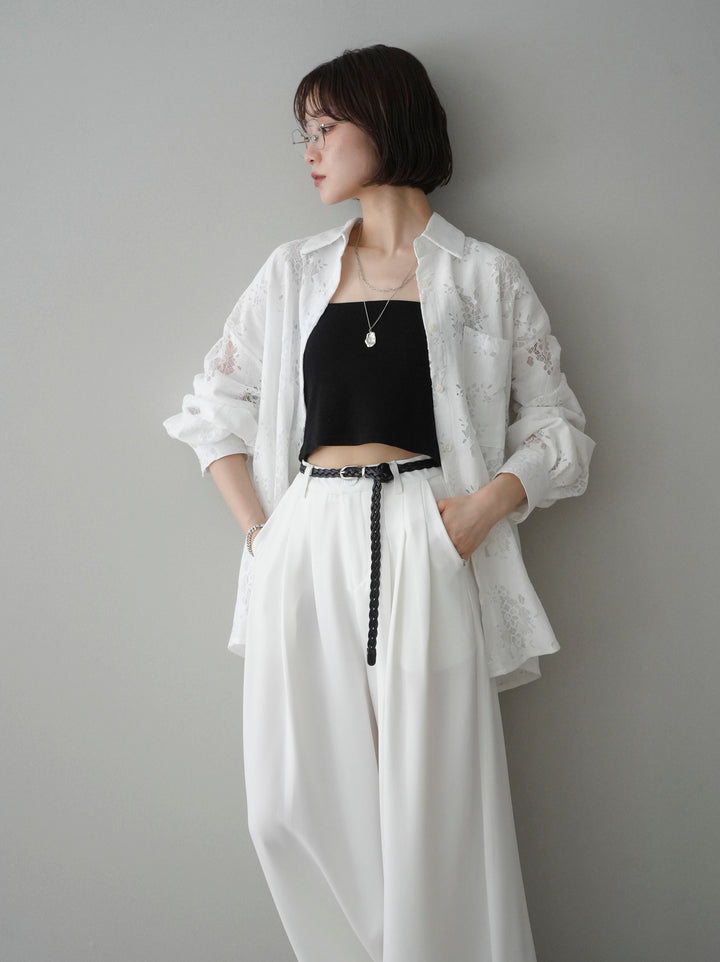 [SET]ジャガードレースオーバーシャツ+編み込みベルト付タックワイドパンツ(2set)