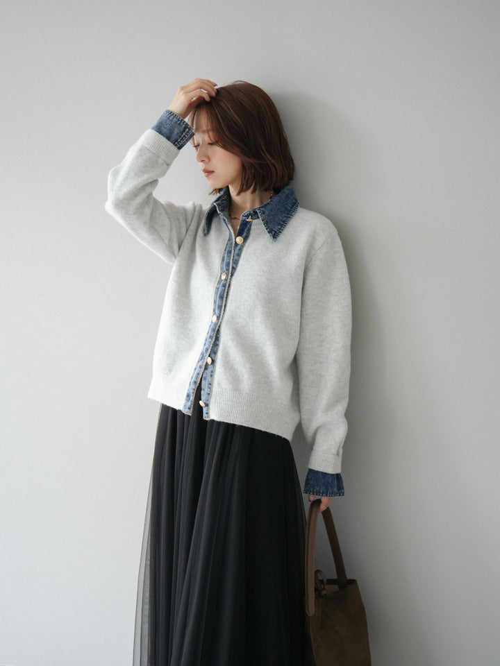 [SET]デニム襟ボタンニットカーディガン+チュールボリュームスカート(2set)