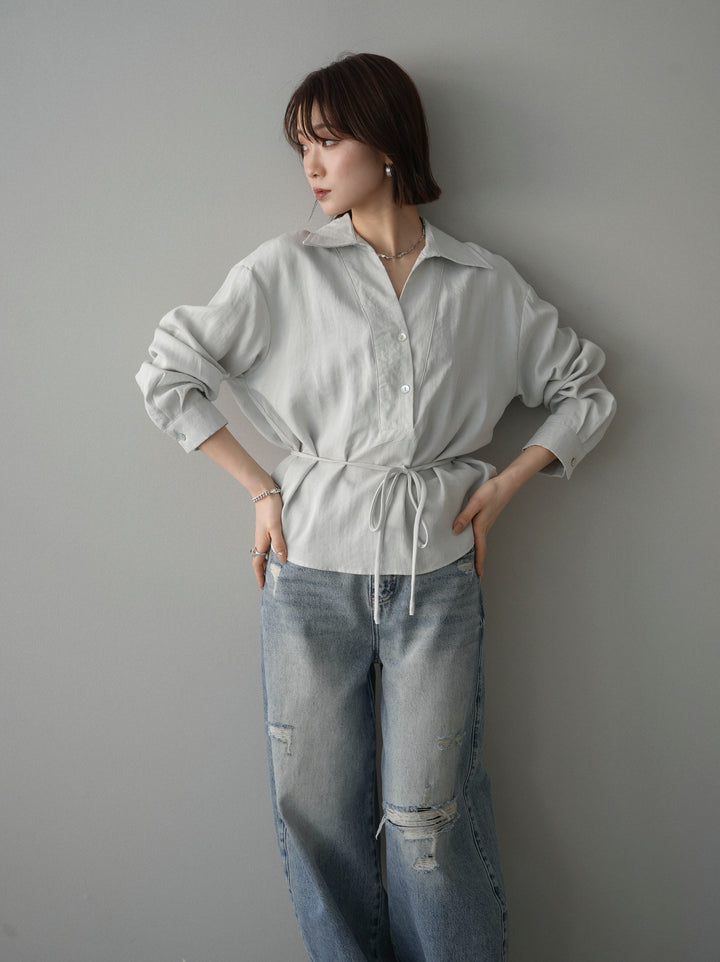 [SET]Vネック変形ラインシャツ+ダメージデニムセミワイドパンツ(2set)