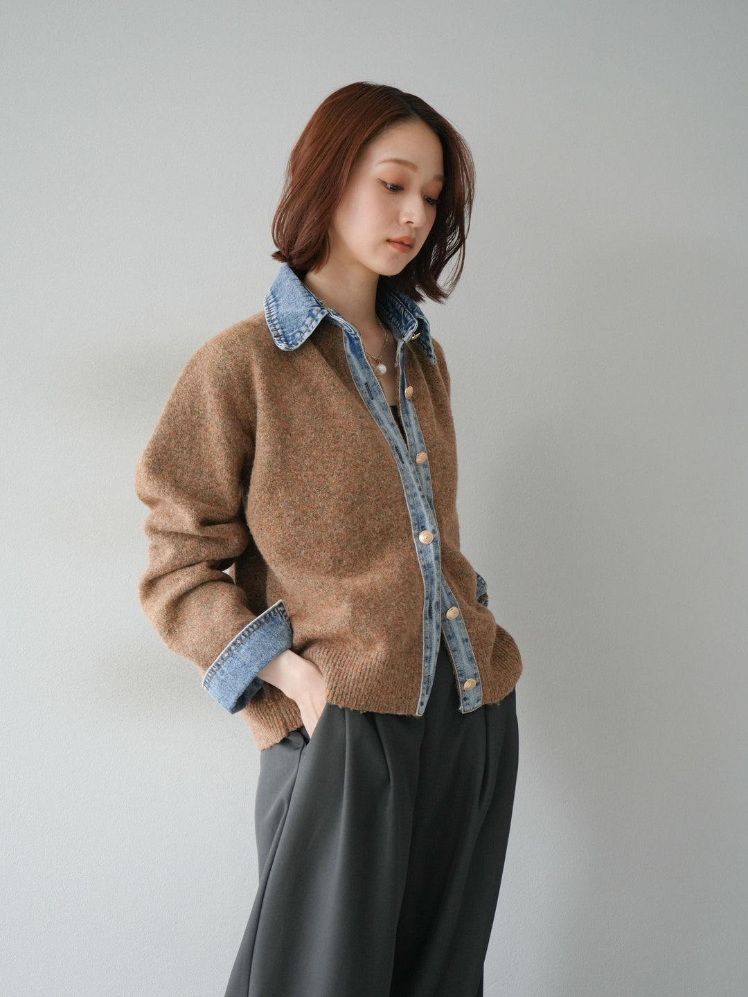 [SET]デニム襟ボタンニットカーディガン+エステルタックワイドパンツ(2set)