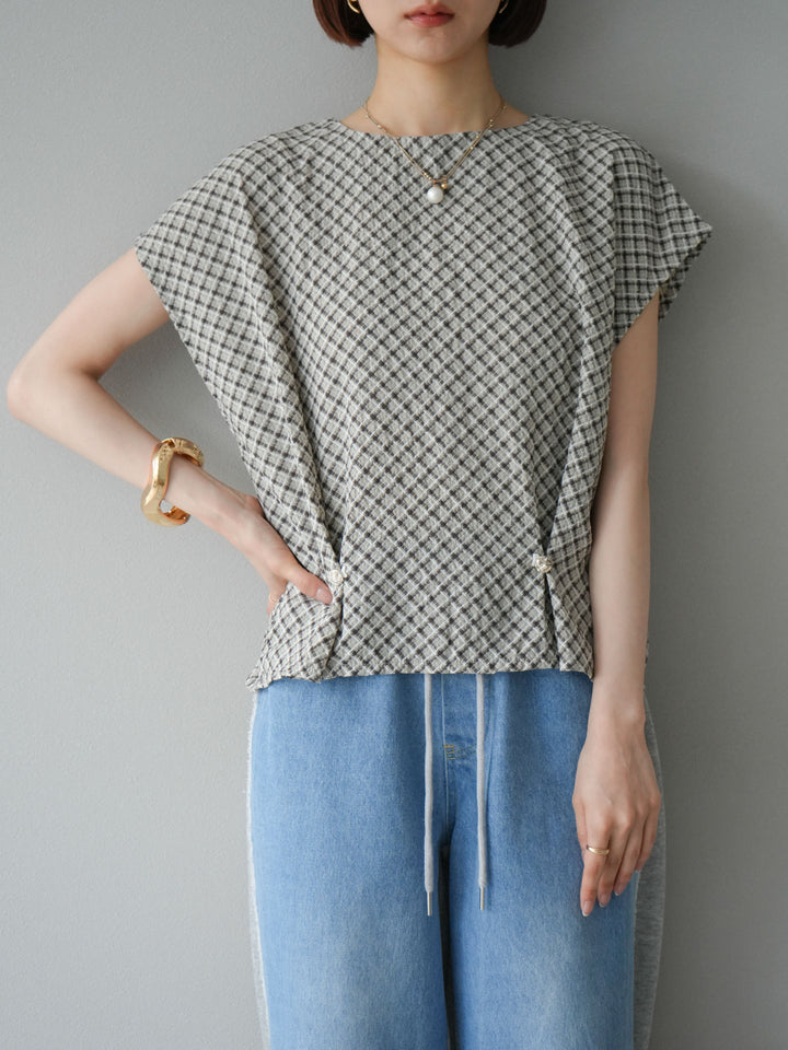 [予約]チェック柄タックデザインフレンチスリーブトップス/ブラウン