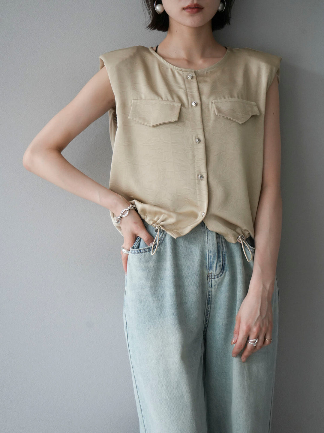 [Pre-order] Satin Drawstring Sleeveless Blouse/Beige