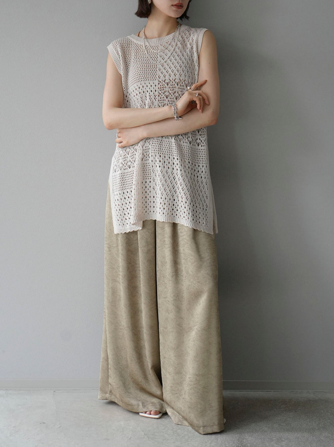 [Pre-order] Openwork side slit knit top/ivory