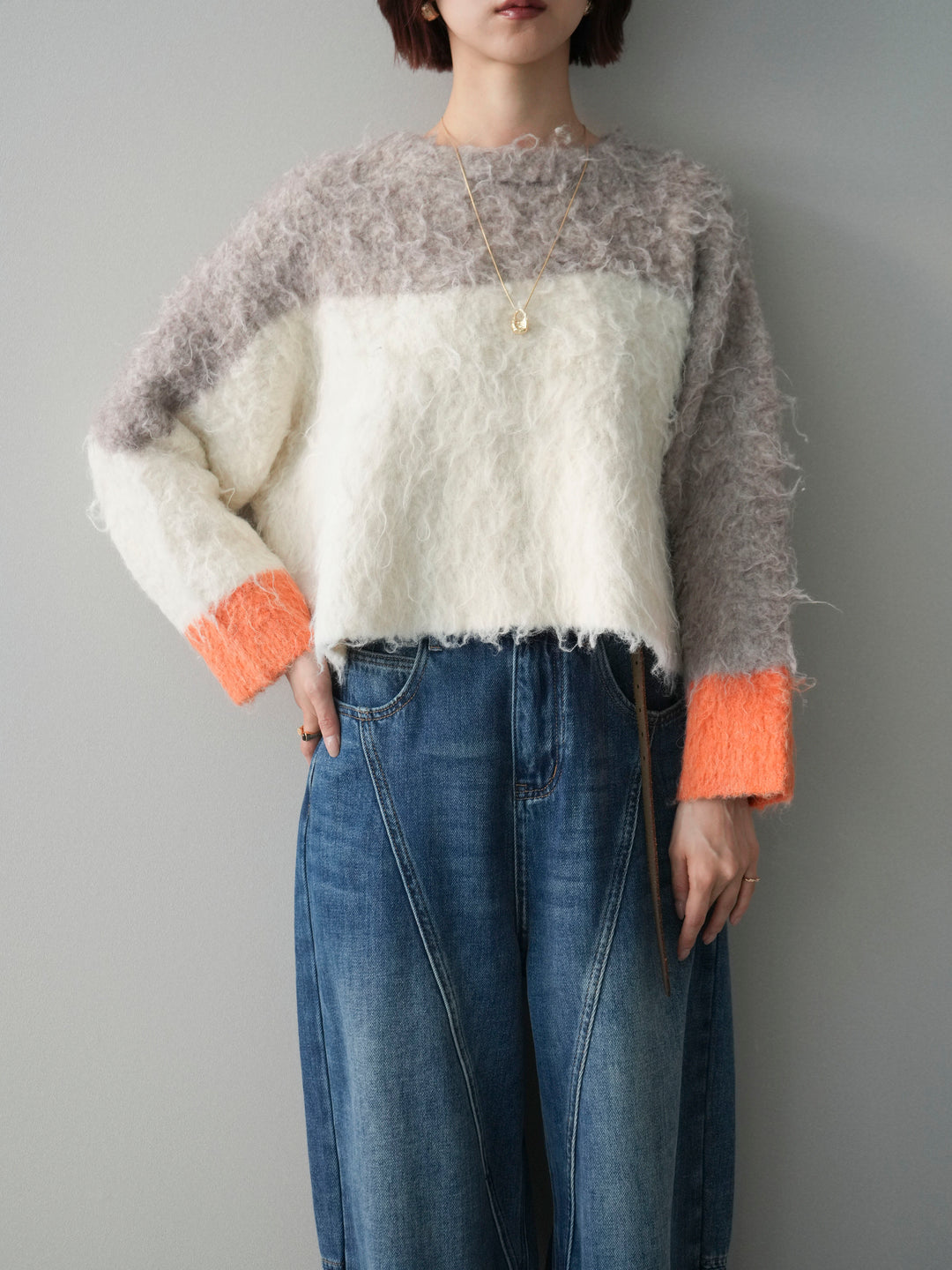 [SET]バイカラーモヘアタッチニットプルオーバー+裏起毛加工デニムカーブパンツ(2set)