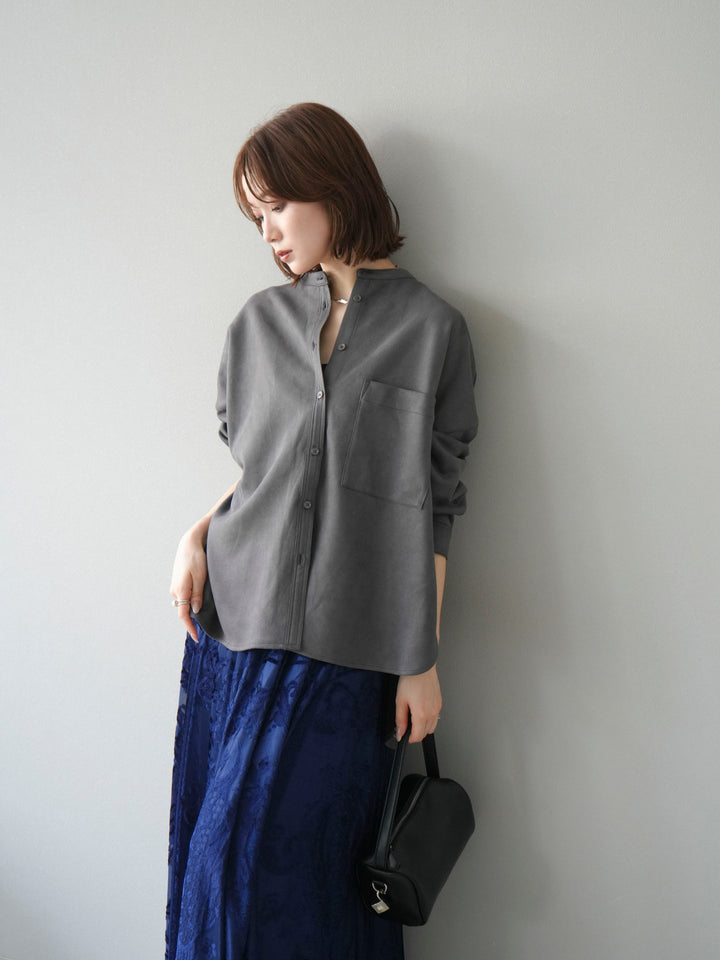 [SET]スエードバンドカラーオーバーシャツ+アンティーク柄フロッキーマキシスカート(2set)