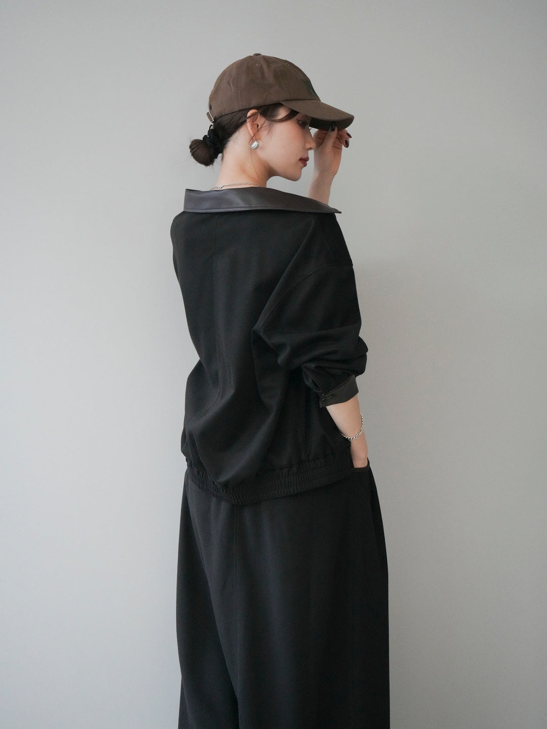 [予約]レザー襟配色パイピングブルゾン/black