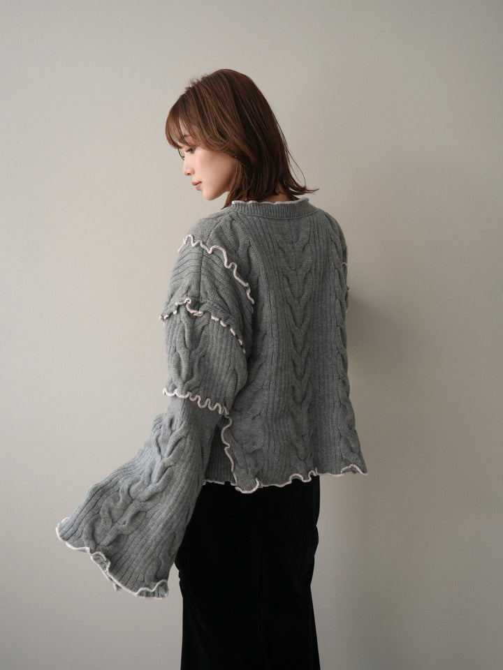 [SET]フロントリボン配色メローニットカーディガン+ギャザーベロアスカート(2set)