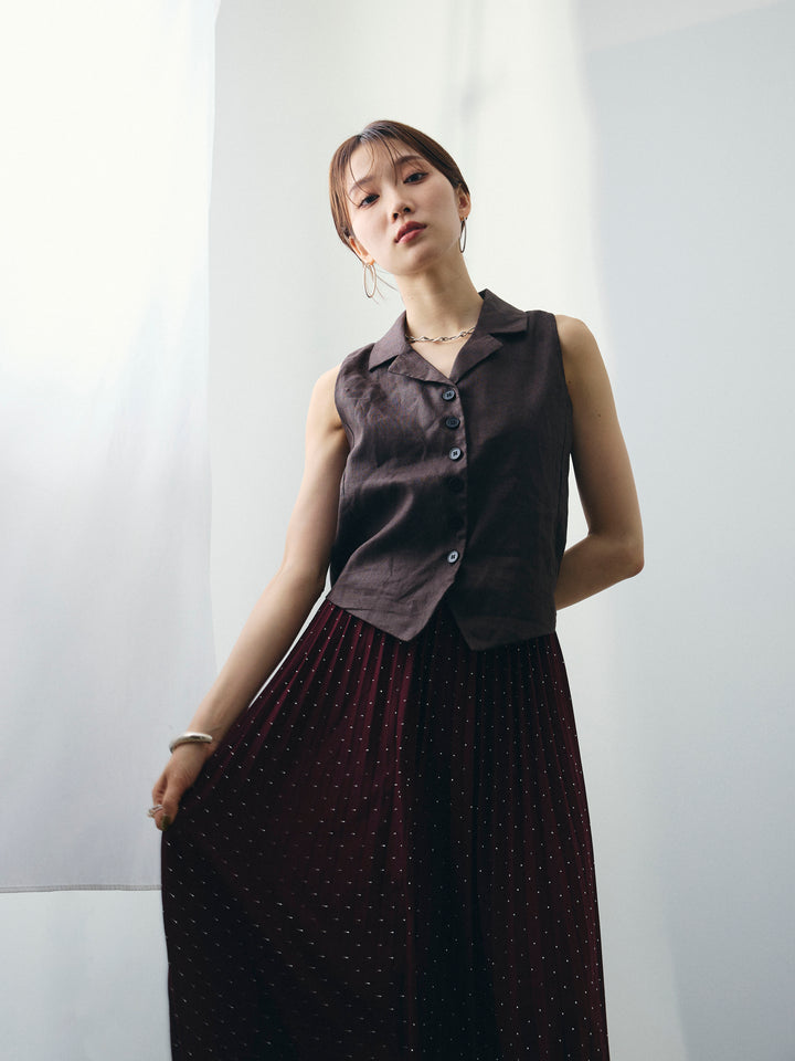 [SET]リネンライクテーラードジレ+ラインストーンプリーツスカート(2set)