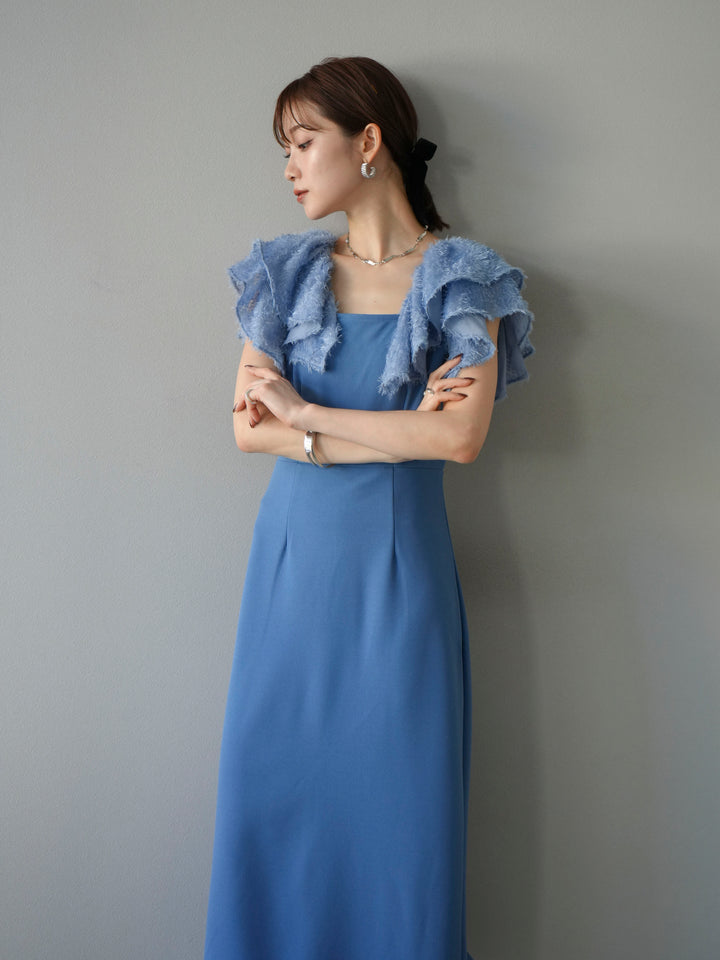 [予約]ジャガードフレアスリーブドレス/ブルー