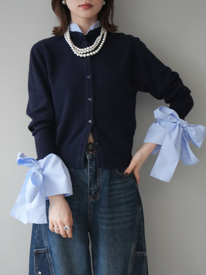 [予約]ウールライクリボンシャツカーディガン/navy