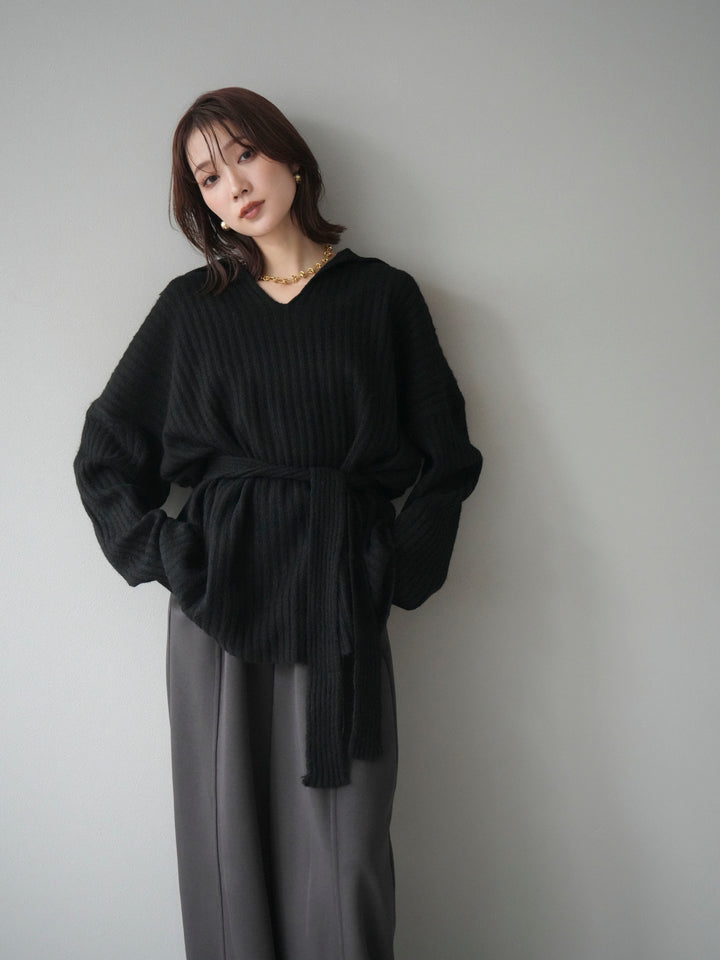 [予約]ワイドリブポロニットプルオーバー/black