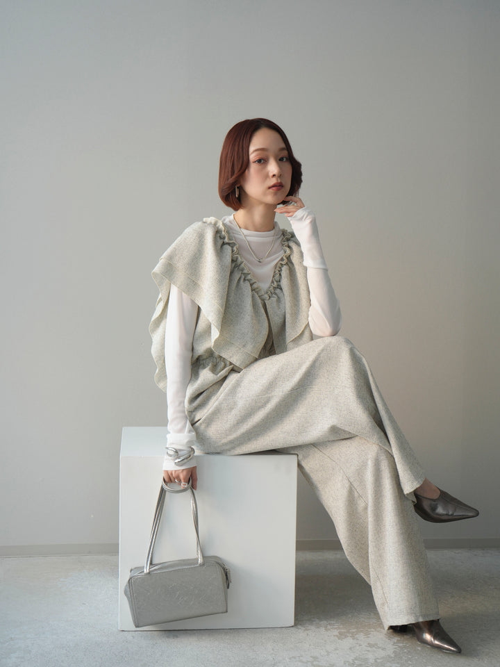 [SET]3WAYミックスツイードギャザーオールインワン+シアープチネックストレッチトップス(2set)