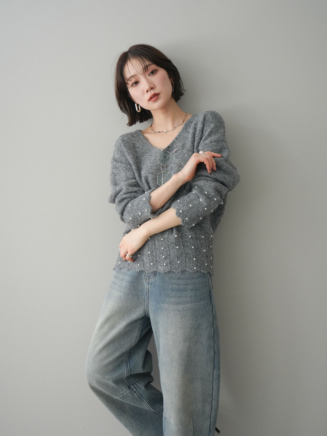 [SET]パールフリルリブヘムニットプルオーバー+選べるアクセセット(2set)