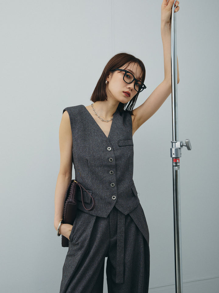 [SET]フラワーモチーフレースアップジレ＆ベルト付ワイドパンツSET UP(2set)