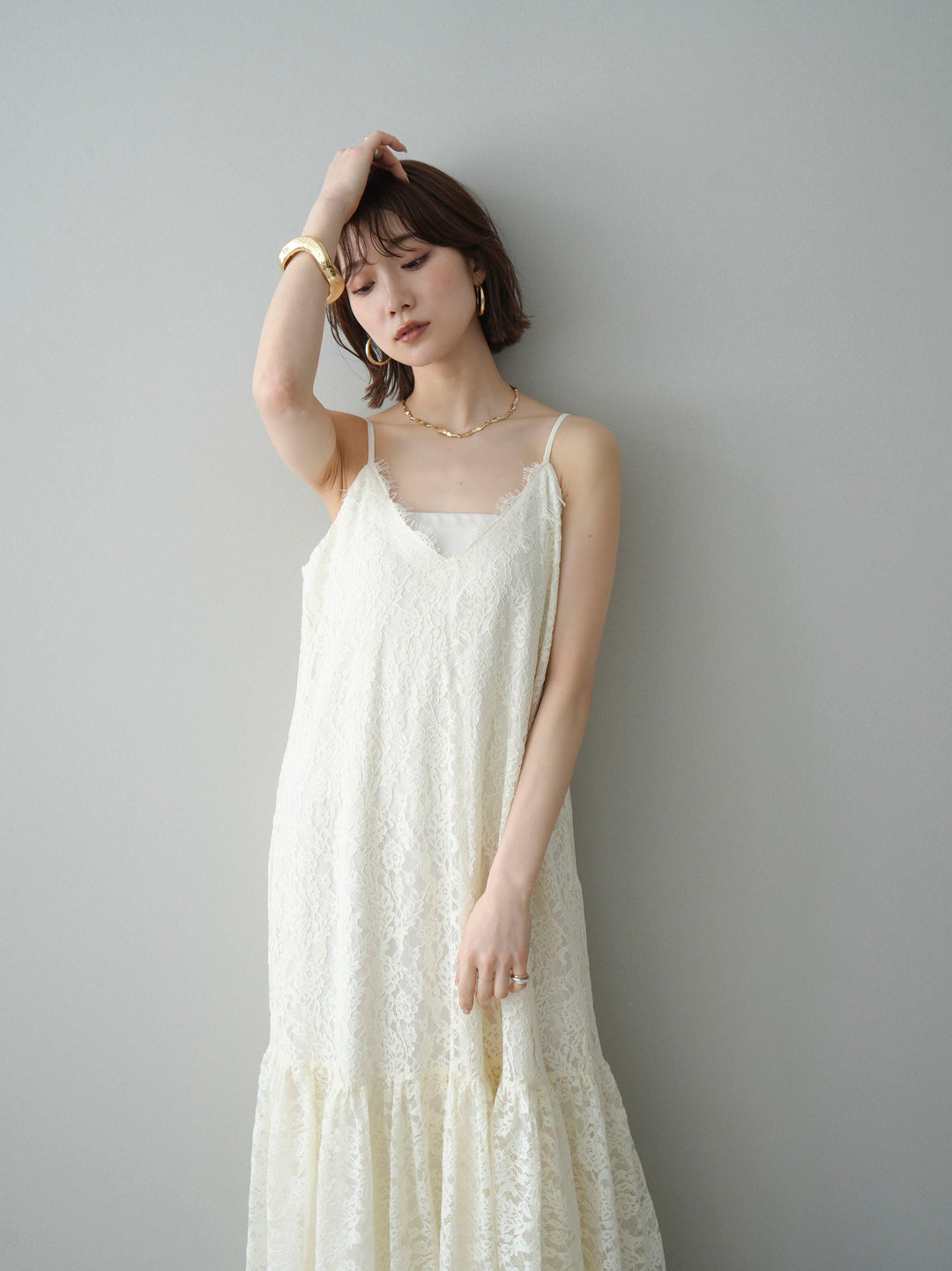 [予約]ギャザー切替レースキャミワンピース/ivory