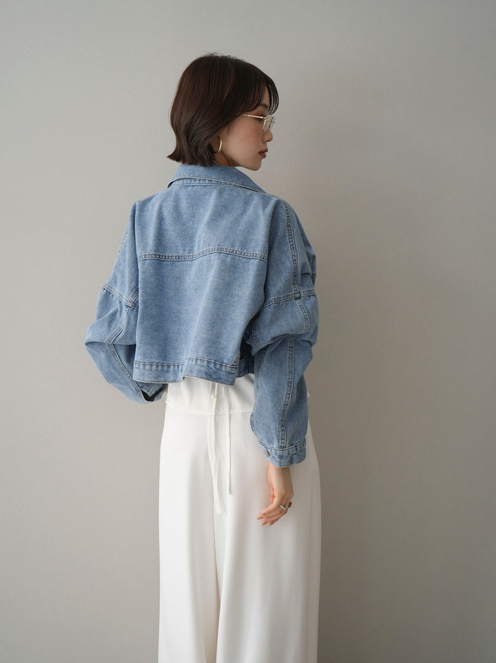 [SET]デニムショートシャツジャケット+ノースリサテンレースキャミソール+編み込みベルト付タックワイドパンツ(3set)