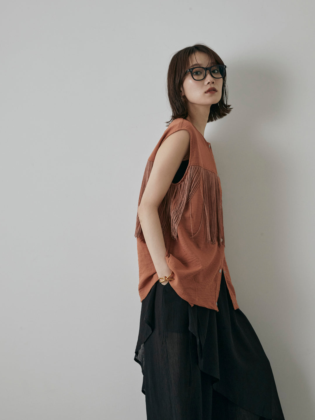 【預購】流蘇無袖上衣/摩卡色