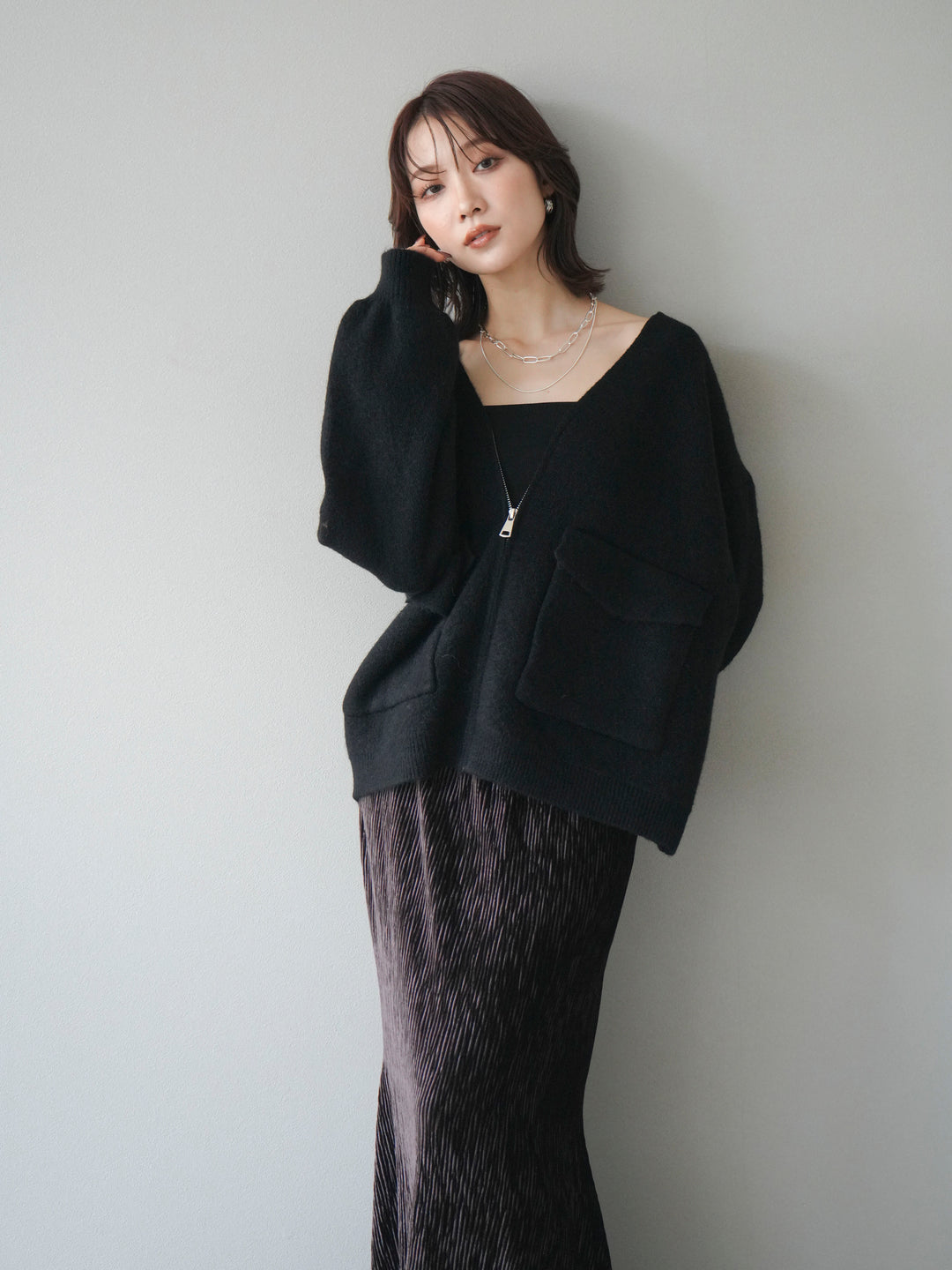 [予約]BIGポケットジップニットカーディガン/black