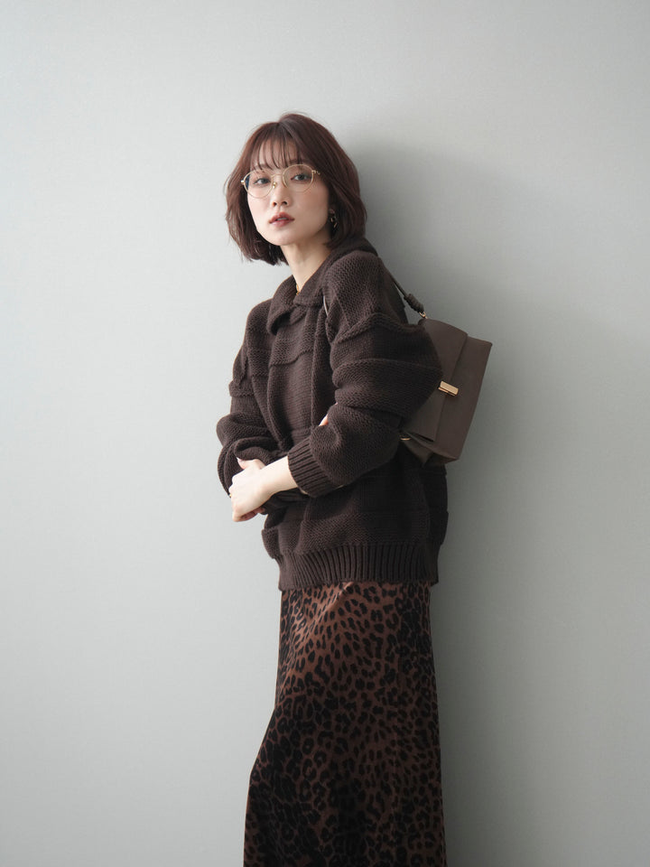 [予約]襟付きボーダー編みニットプルオーバー/brown
