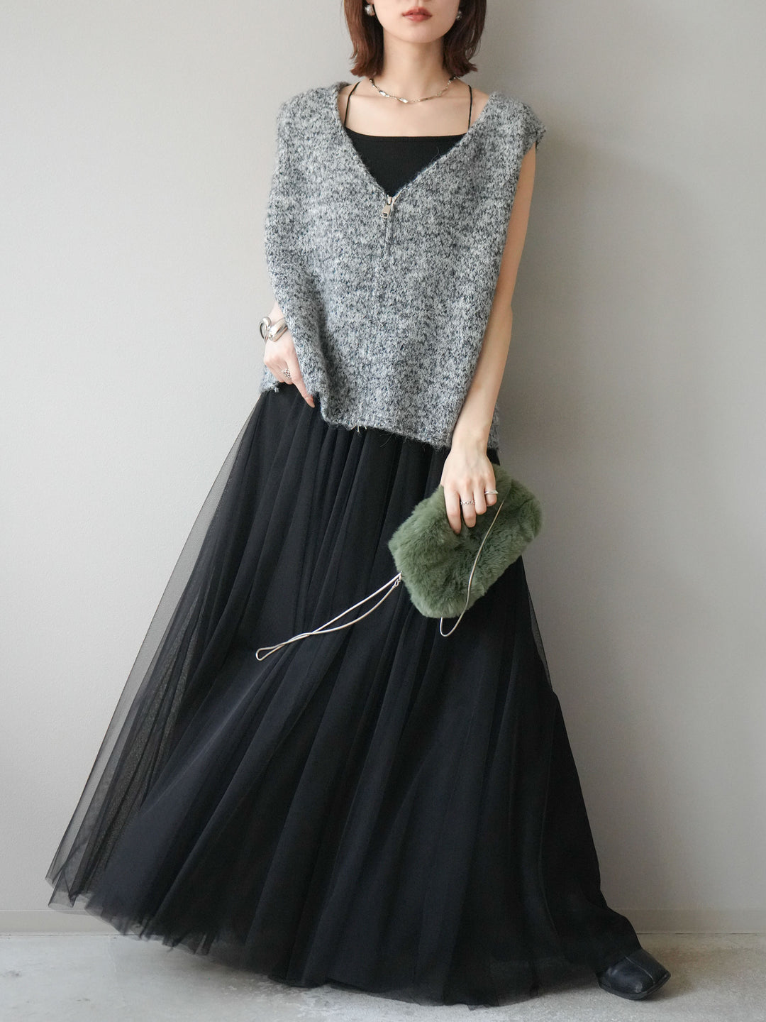 [予約]フロントZIPミックスニットベスト/ブラック