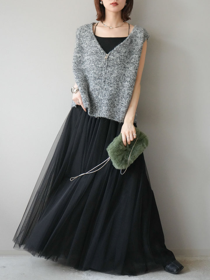 [予約]フロントZIPミックスニットベスト/ブラック