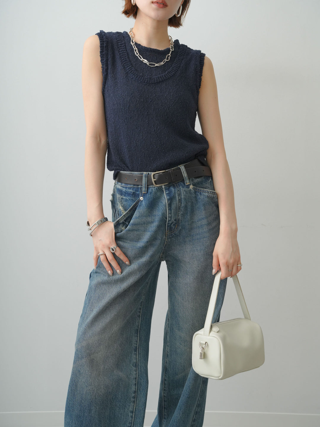 [予約]アウトリンキングノースリニットトップス/navy