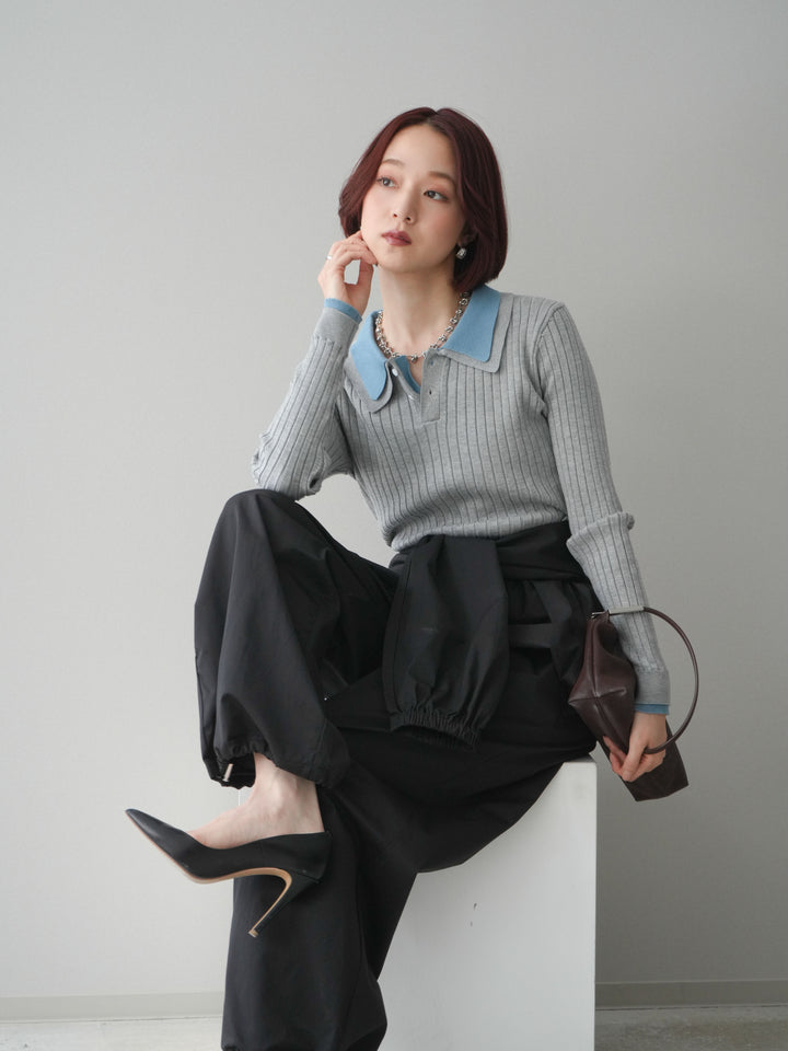 [SET]ダブル襟ポロリブニットトップス+ダブル襟ポロリブニットトップス(2set)