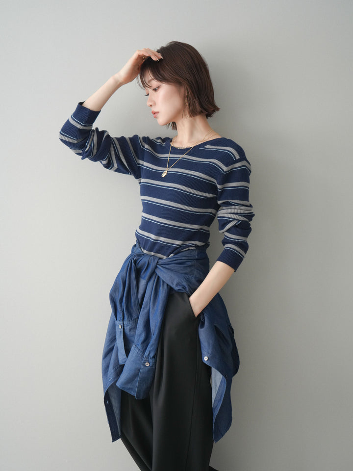 [予約]バックオープンテレコリブマルチボーダートップス/navy