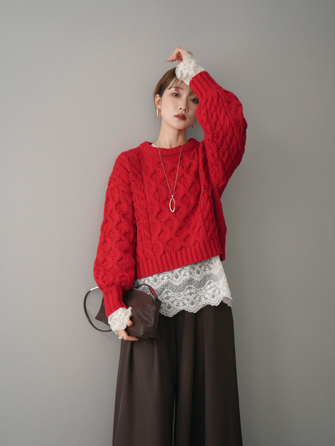 [SET]バルキーケーブルクロップドニットプルオーバー+チュールレーストップス(2set)