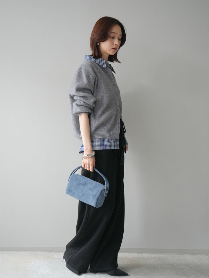 [SET]チェックシャツ襟ニットカーディガン+編み込みベルト付きウエスト配色スエットパンツ(2set)