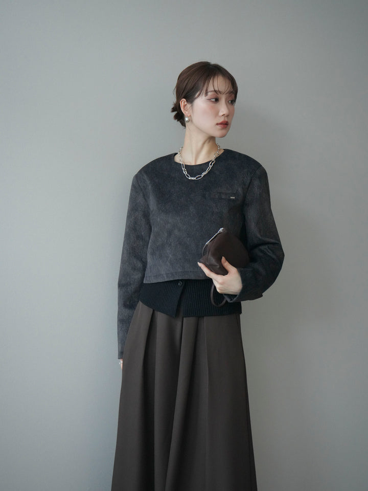 [予約]リブニットレイヤードスエードプルオーバー/charcoal