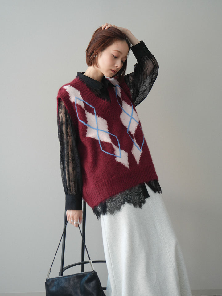 [SET]アーガイルVネックニットベスト+選べるアクセセット(2set)