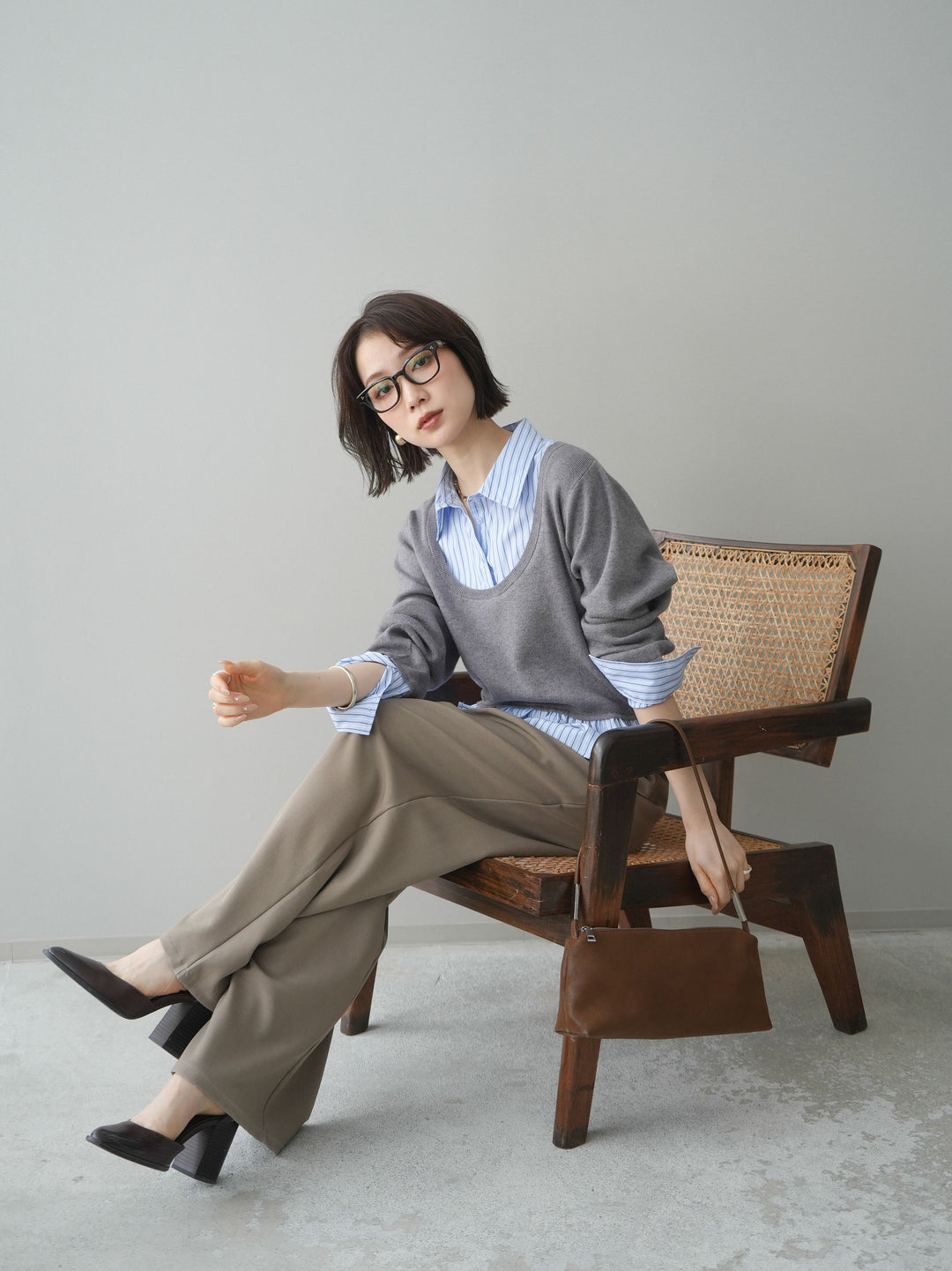 [SET]ストライプシャツUネックドッキングニットプルオーバー+選べるアクセセット(2set)