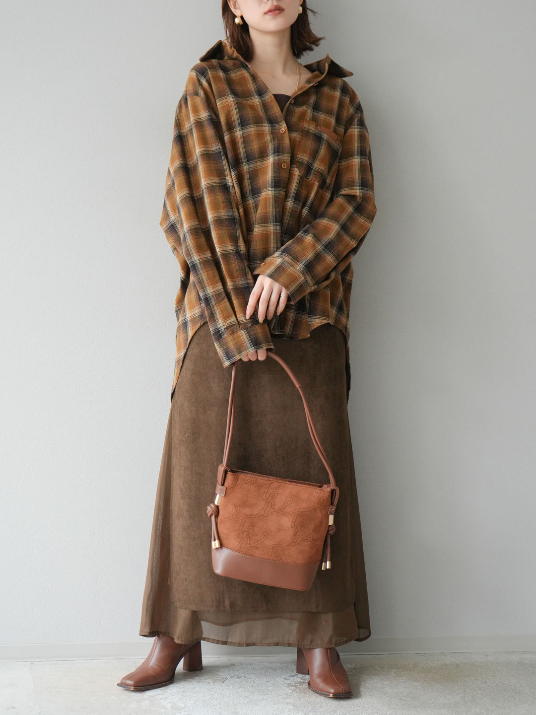 [予約]サイドスリットスウェードドッキングシフォンスカート/ブラウン