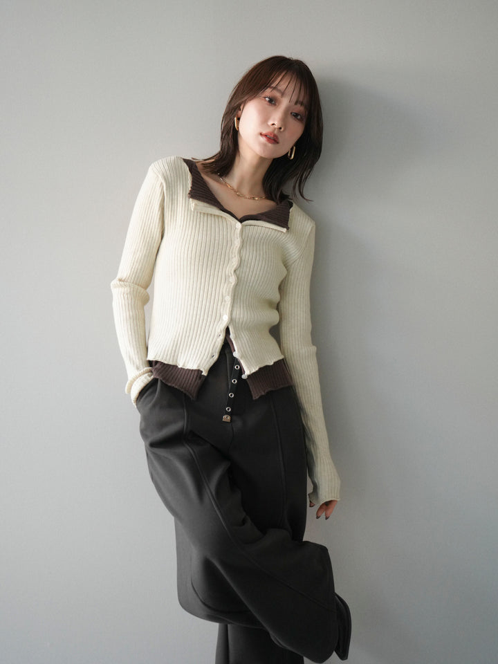 [予約]配色レイヤードリブニットカーディガン/ivory