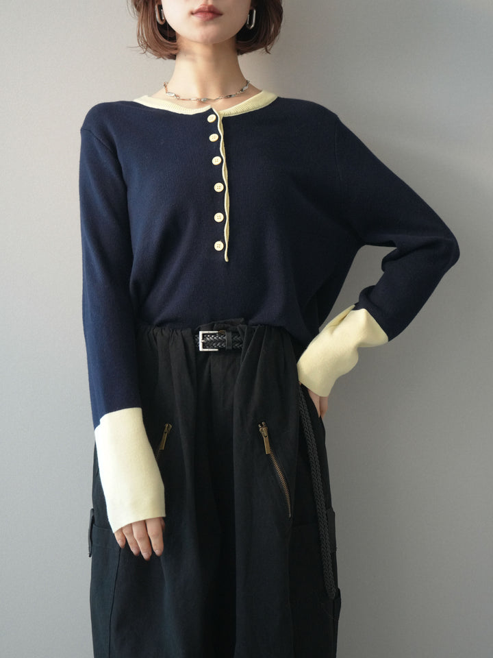 [予約]ヘンリーネック配色ニットソー/navy