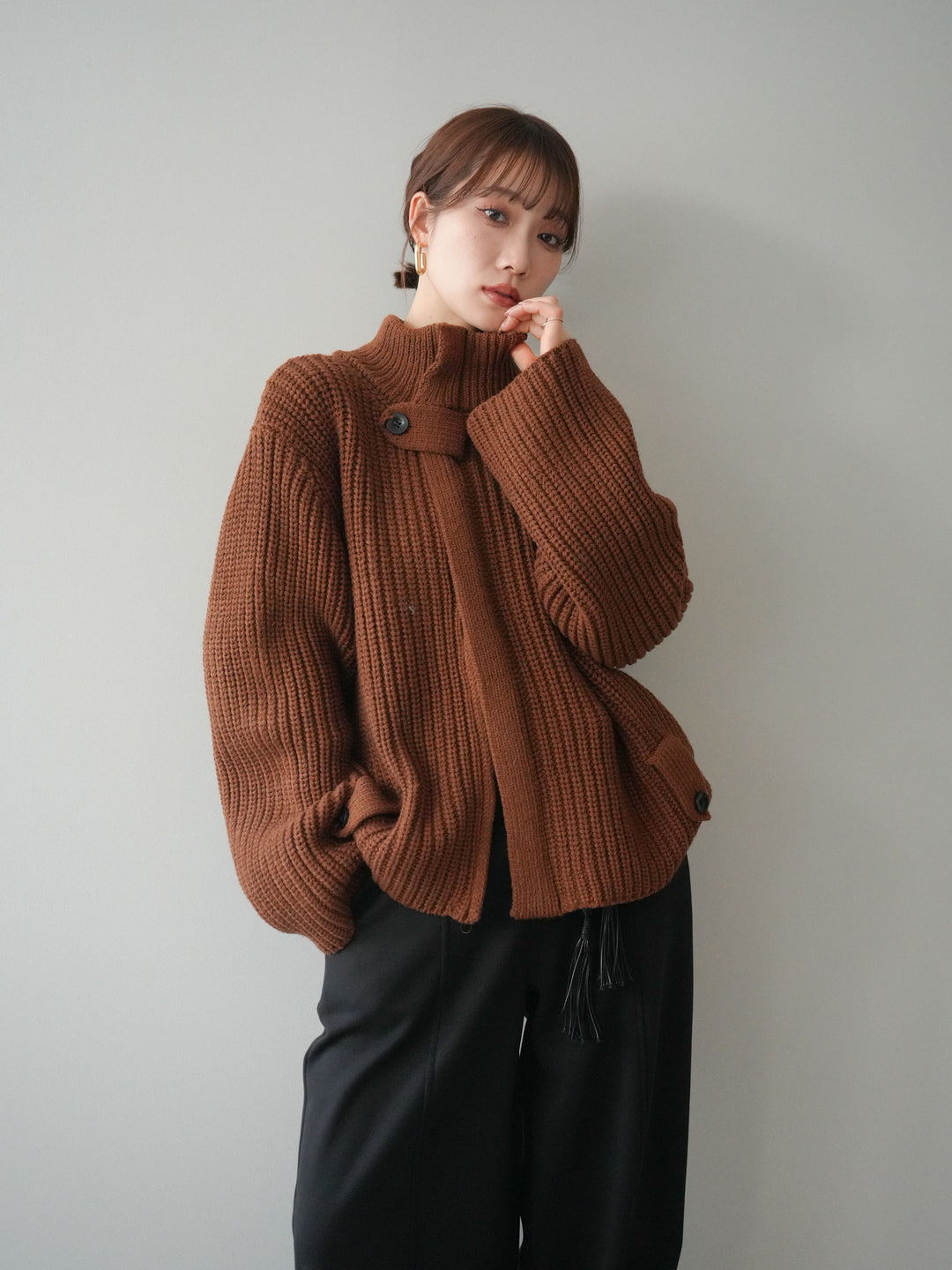 [SET]畦編みボトルネックZIPニットカーディガン+ベルト付裏起毛センターシームカーブパンツ(2set)