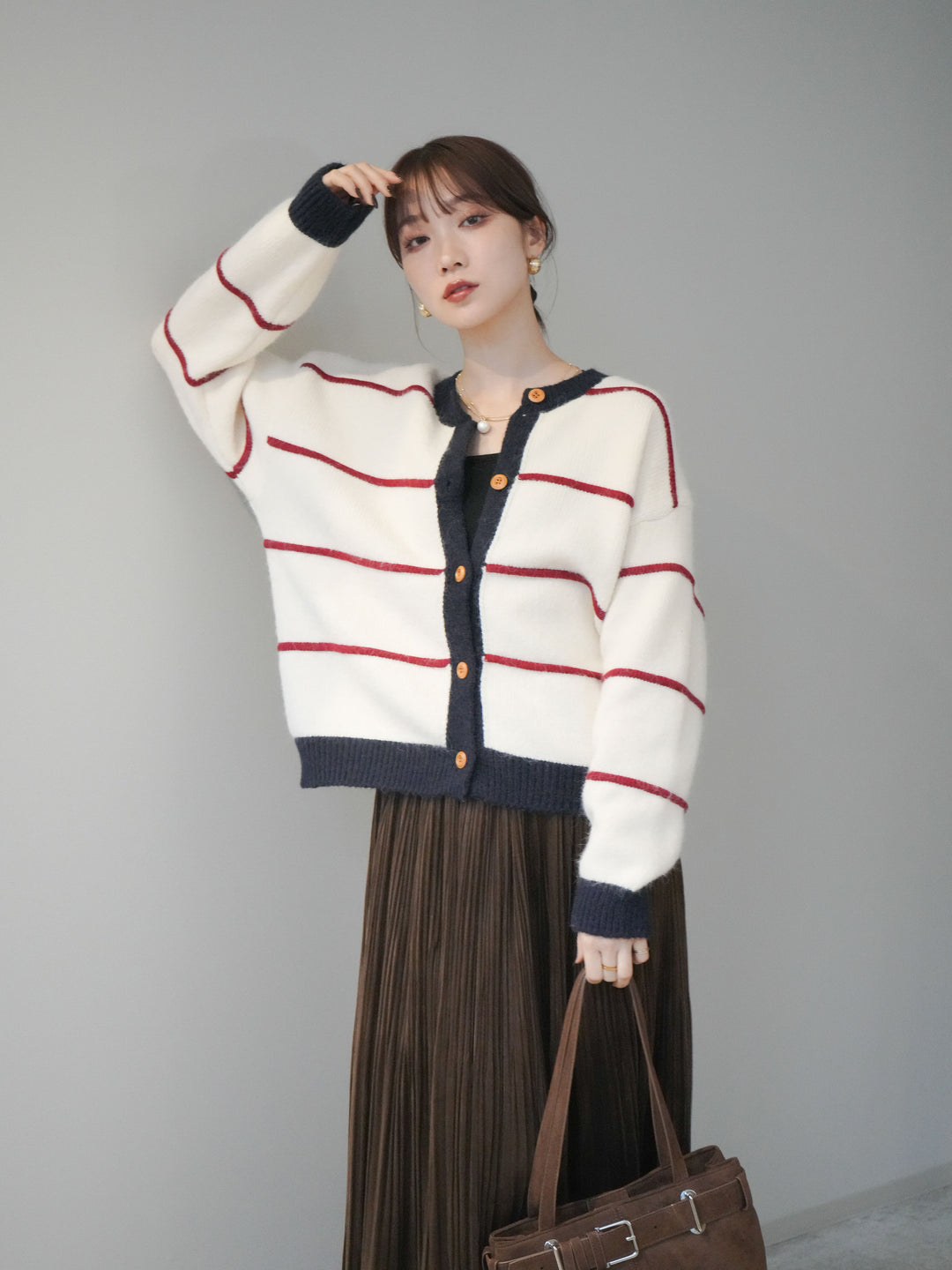[予約]配色ボーダーニットカーディガン/red