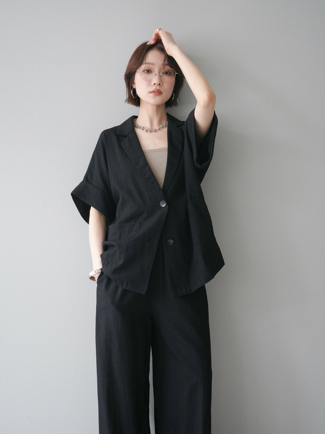 [SET]ハーフスリーブオーバージャケット+リラックスワイドパンツ(2set)